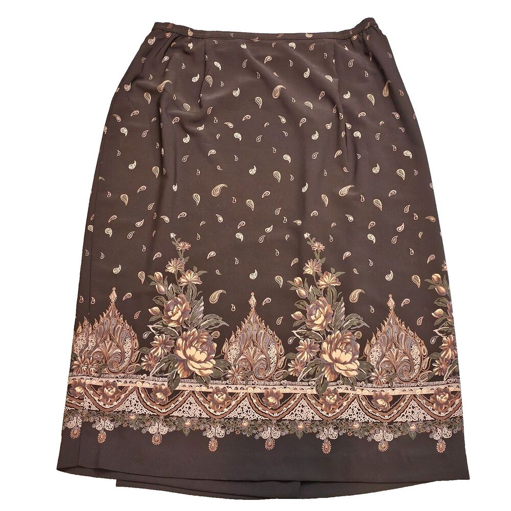 KAREN SCOTT skirt 1x brown paisley floral border midi pull on wrap stretch waist